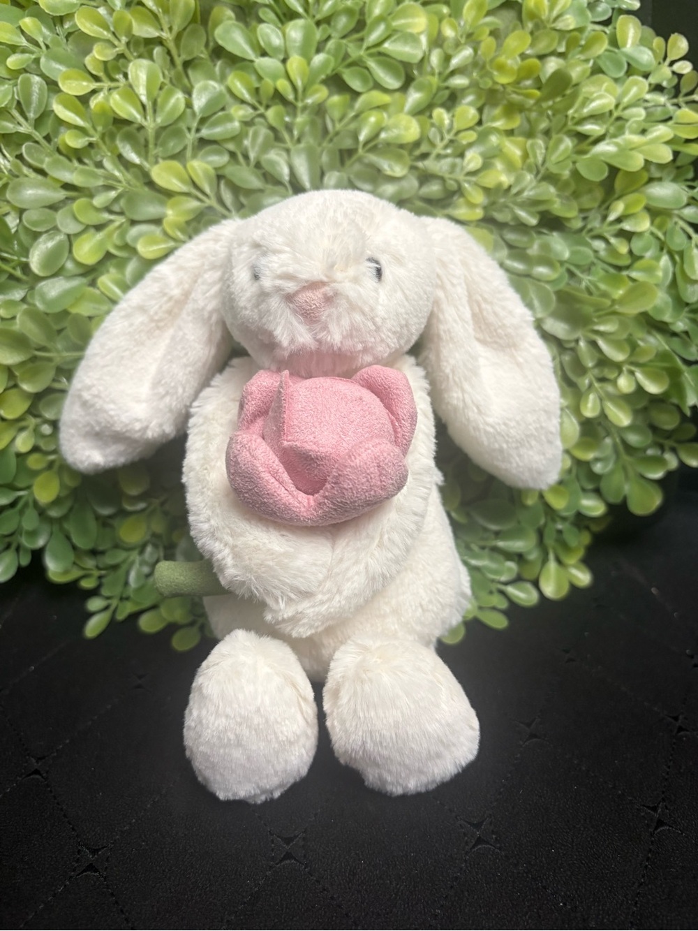 Jellycat Cream Bunny Holding Pink Rose Plush